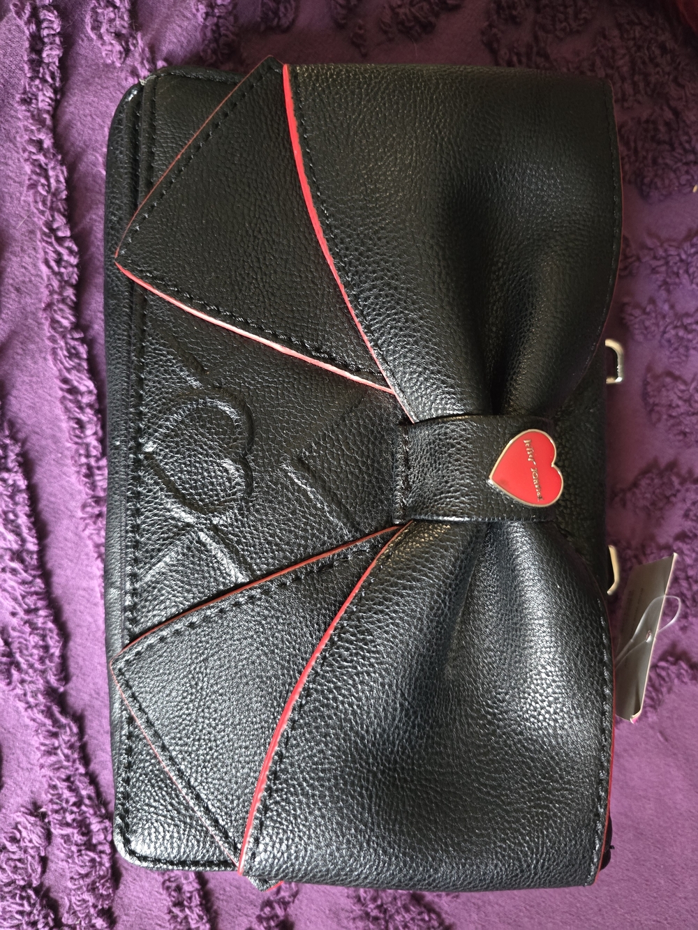 Betsey Johnson Black Faux Leather Bow Crossbody with Red Heart Accent